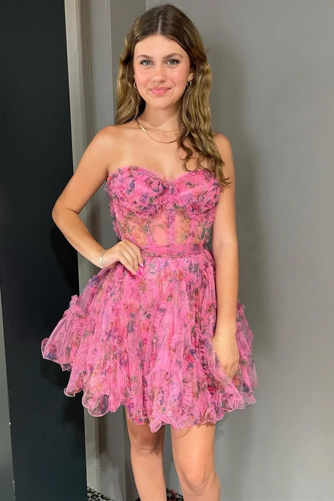 Pink Tulle Spaghetti Strap Floral Lace-Up Homecoming Dress