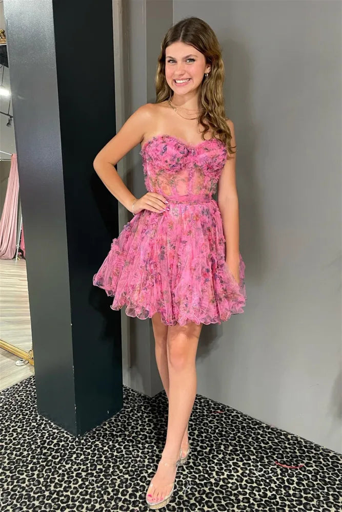 Pink Tulle Spaghetti Strap Floral Lace-Up Homecoming Dress