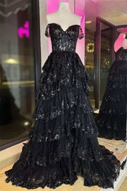 Black  Off-Shoulder Sequined Layers A-line Long Prom Dress with Slit