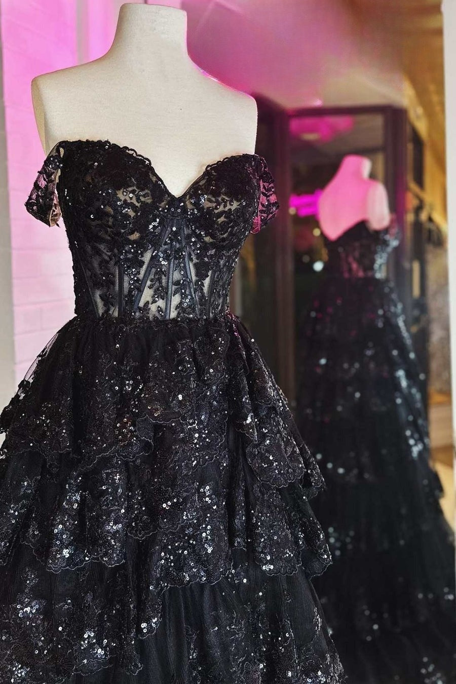 Black Off-Shoulder Sequined Layers A-line Long Prom Dress with Slit