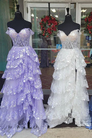 Lavender & White Off-Shoulder Sequined Layers A-line Long Prom Dress with Slit