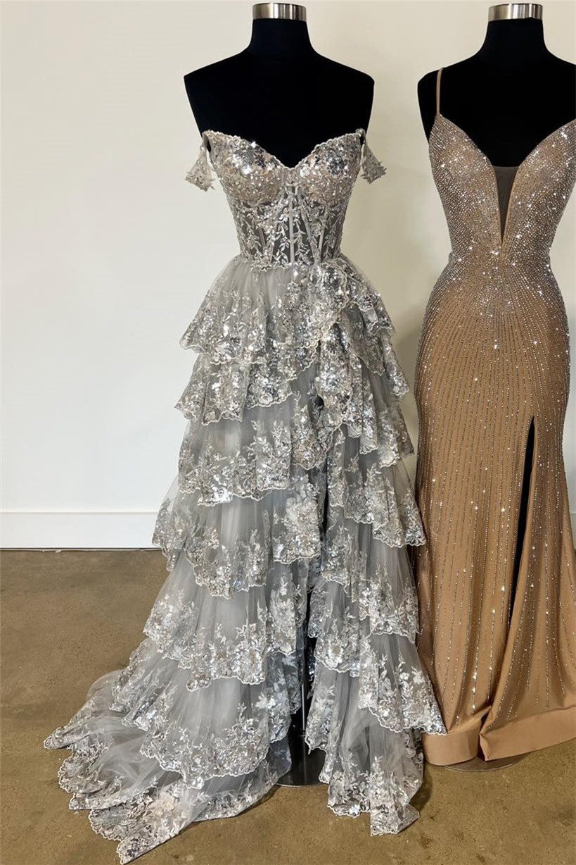 Silver Off-Shoulder Sequined Layers A-line Long Prom Dress with Slit