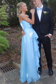 Fashion A-Line Pleated Strapless Chiffon Split Party Prom Dress
