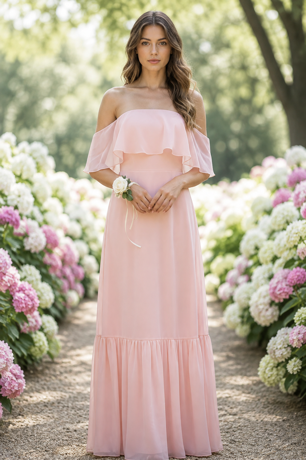 Fashion Chiffon A-Line Ruffle Off-Shoulder Long Bridesmaid Dress