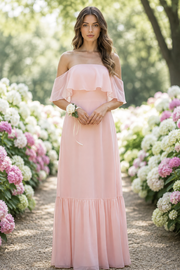 Fashion Chiffon A-Line Ruffle Off-Shoulder Long Bridesmaid Dress