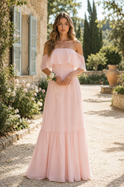 Fashion Chiffon A-Line Ruffle Off-Shoulder Long Bridesmaid Dress