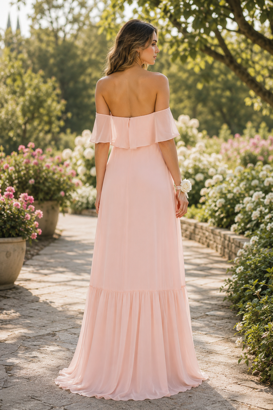 Fashion Chiffon A-Line Ruffle Off-Shoulder Long Bridesmaid Dress