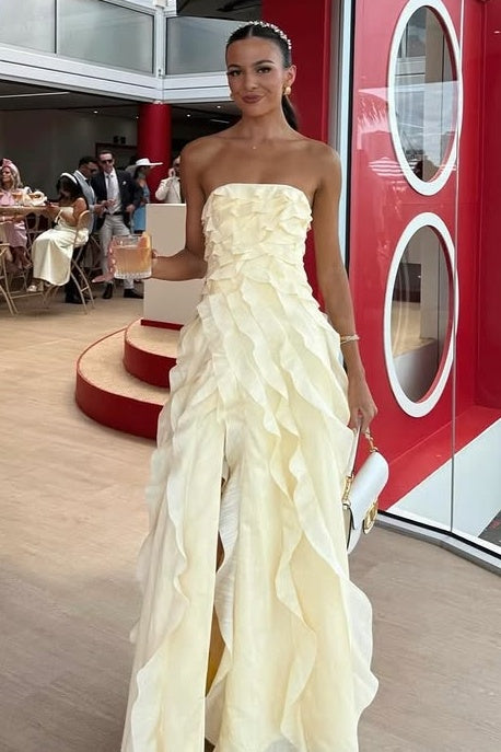 Fashion Chiffon A-Line Strapless Tiered Ruffle Split Party Prom Dress