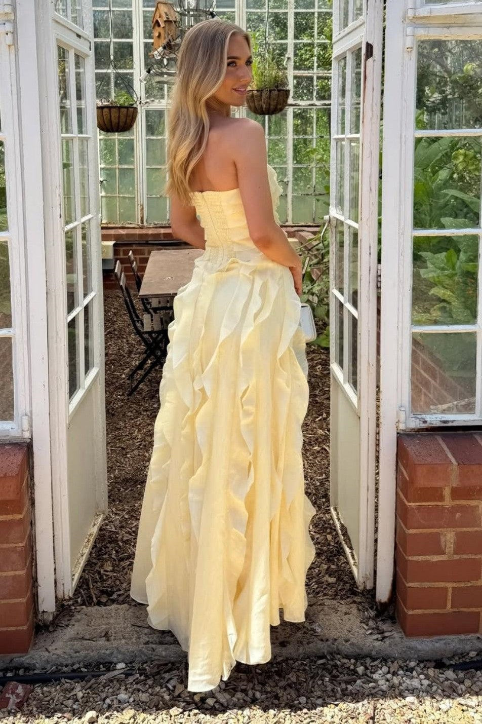 Fashion Chiffon A-Line Strapless Tiered Ruffle Split Party Prom Dress