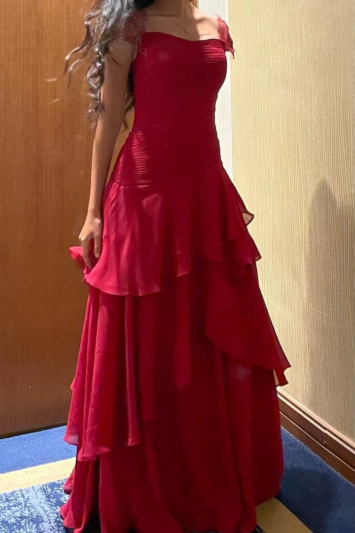 Fashion Chiffon A-Line Straps Tiered Ruffle Maxi Party Prom Dress