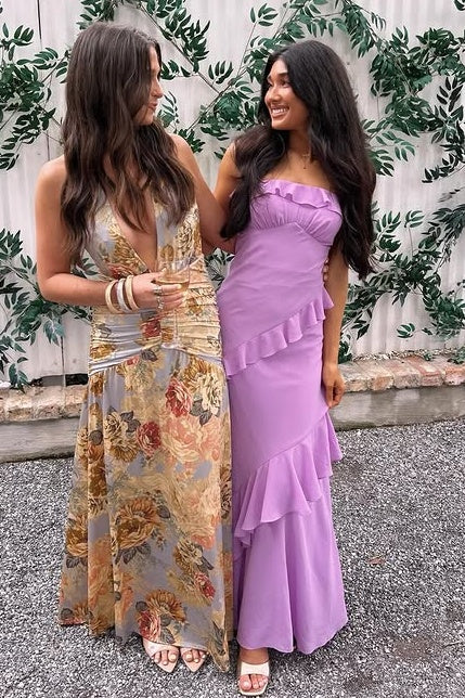 Fashion Chiffon Sheath Ruffle Strapless Floor-Length Party Prom Dress
