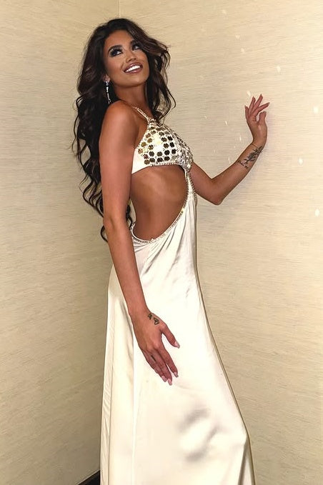 Fashion Low V-Neck Illusion Empire Backless Satin Sheath Party Prom Dress