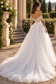 Fashion Off-Shoulder Long Sleeves Sheer Tulle A-Line Split Wedding Dress