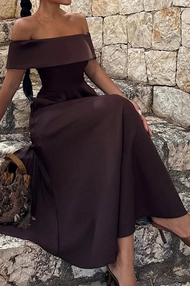 Fashion Off-Shoulder Sleeveless Satin A-Line Party Evening Dress