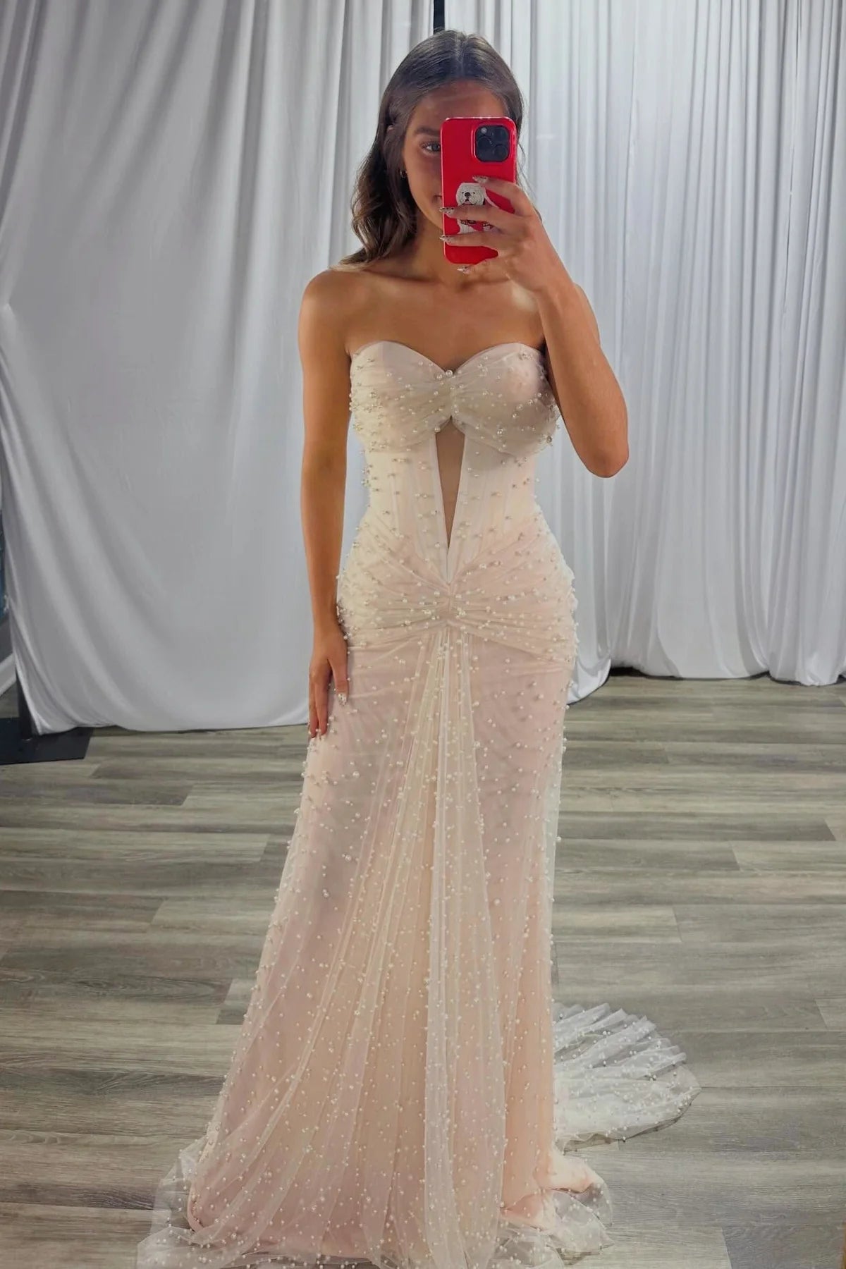 Fashion Pearls Sweetheart Strapless Mermaid Party Prom Dress