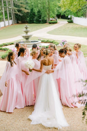 Fashion Pink A-Line Satin Maxi Bridesmaid Dress With Shawl 
