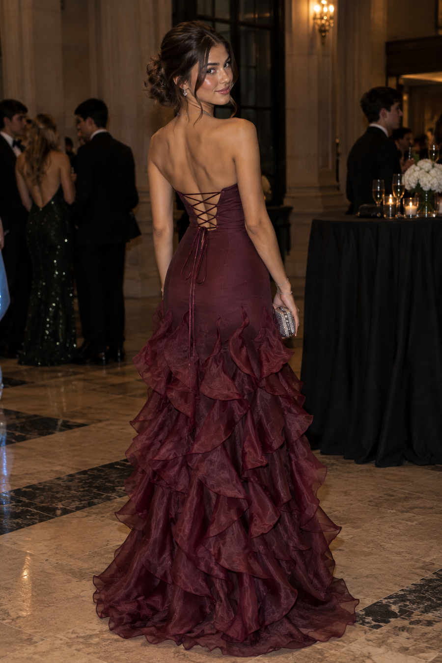 Fashion Satin And Tulle Strapless Lace-Up Ruffle Party Prom Dress