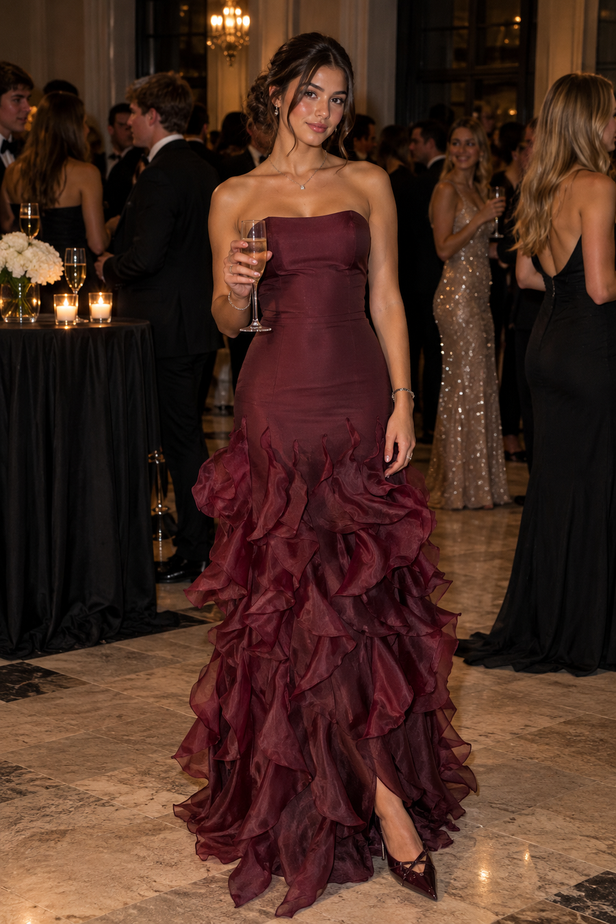 Fashion Satin And Tulle Strapless Lace-Up Ruffle Party Prom Dress
