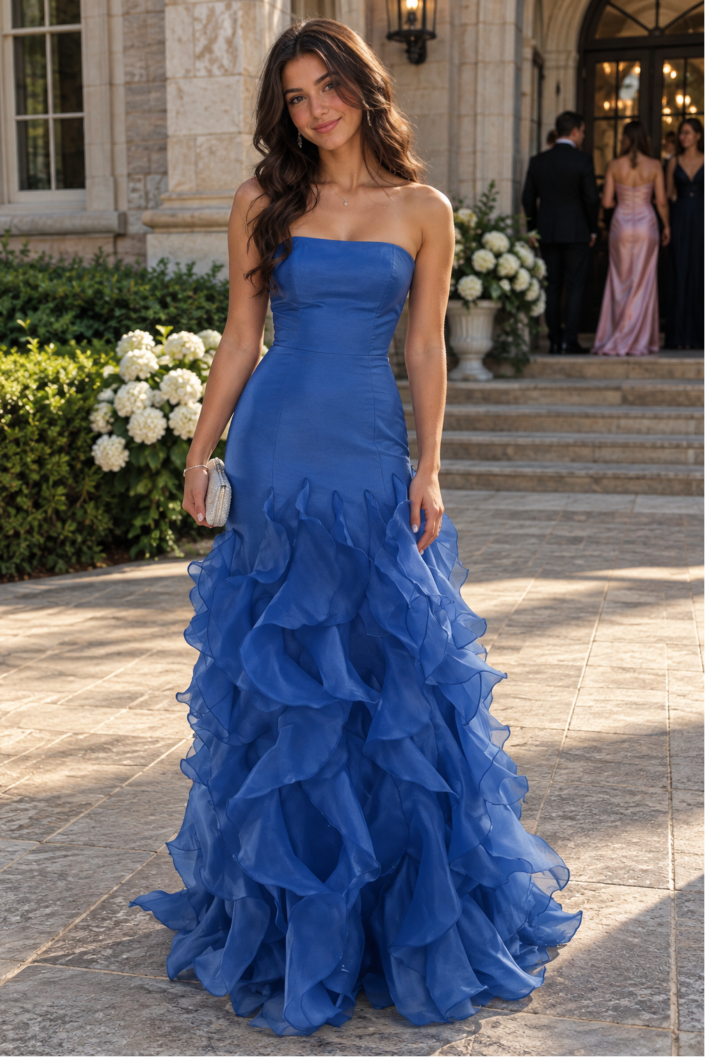 Fashion Satin And Tulle Strapless Lace-Up Ruffle Party Prom Dress