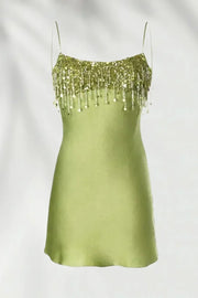 Fashion Spaghetti Straps Beaded Top Satin Mini Party Homecoming Dress 