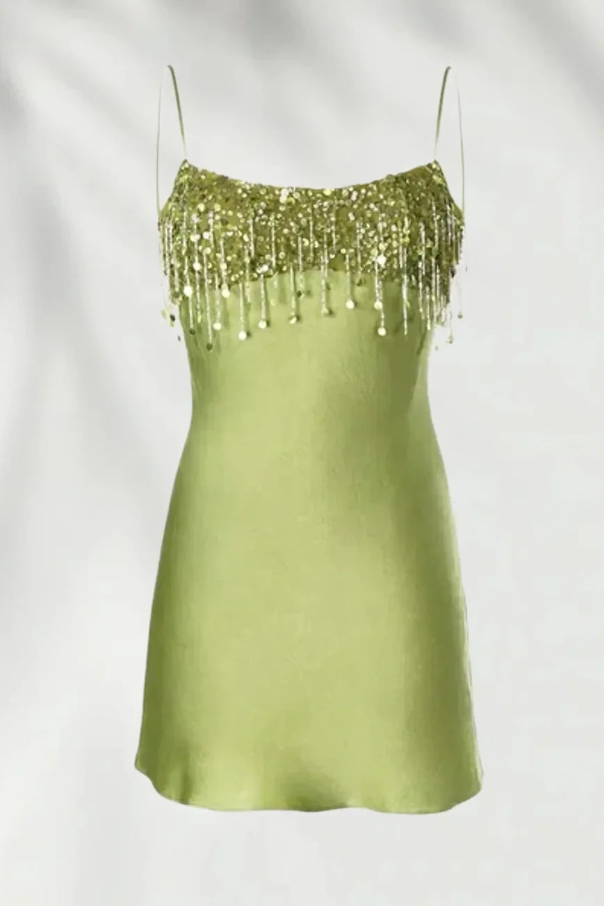 Fashion Spaghetti Straps Beaded Top Satin Mini Party Homecoming Dress 