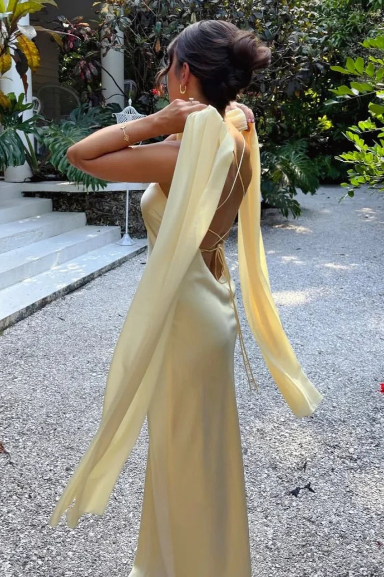 Fashion Spaghetti Straps Lace-Up Satin Maxi Party Prom Dress