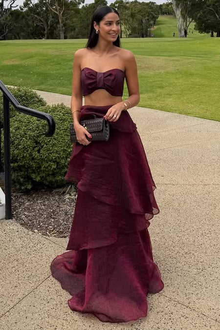 Fashion Strapless Two Pieces A-Line Tiered Tulle Party Prom Dress