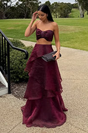 Fashion Strapless Two Pieces A-Line Tiered Tulle Party Prom Dress