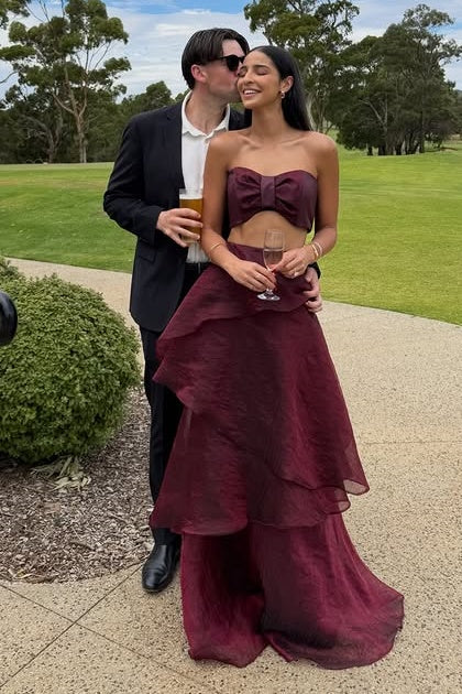 Fashion Strapless Two Pieces A-Line Tiered Tulle Party Prom Dress