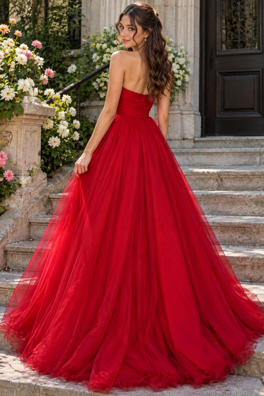 Fashion Tulle A-Line Sleeveless Empire Red Long Party Prom Dress