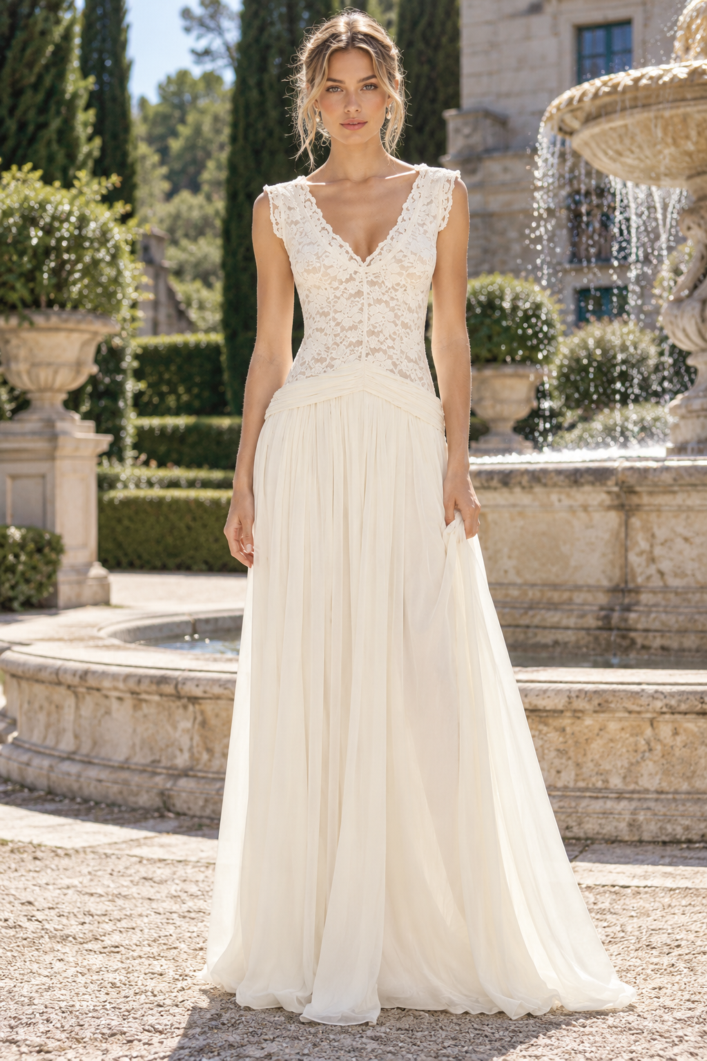 Fashion V-Neck Straps Lace And Chiffon Drop Waist Long Party Evening Dress