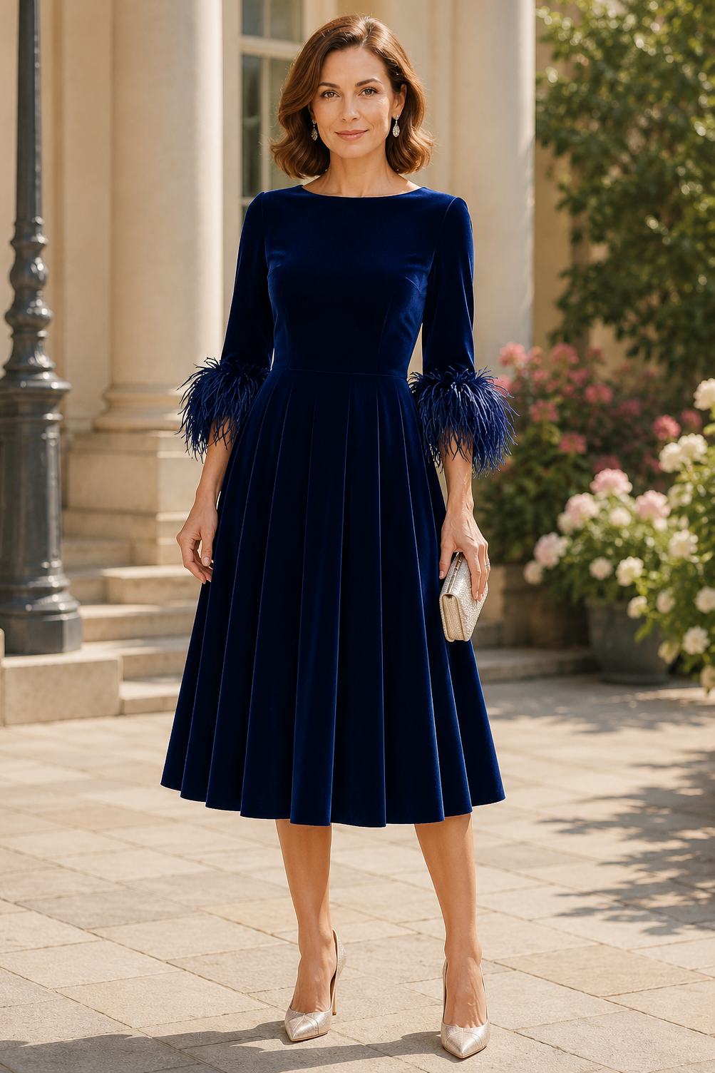 Fashion Velvet A-Line Half Sleeves Midi Mother Of The Bride Dress