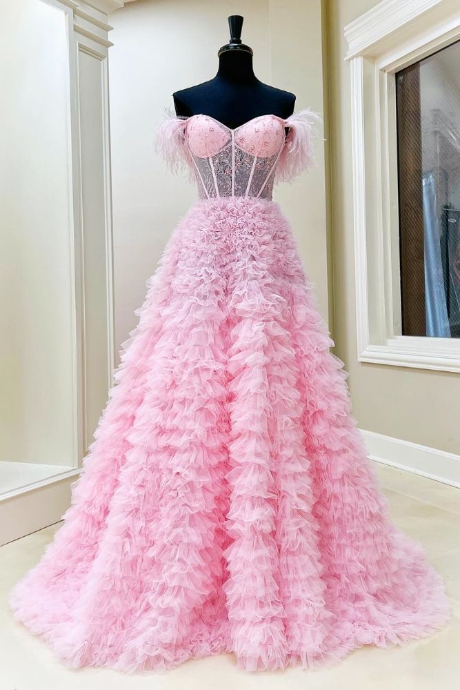 Feather Straps Light Pink Layered Tulle Prom Dress front full shot
