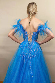 Feathers Off-Shoulder Tulle A-Line Lace Appliques Fprmal Prom Dress