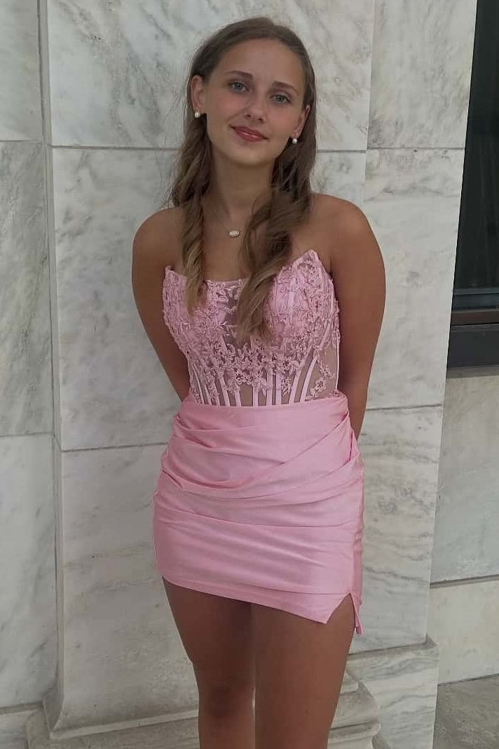 Fitted Boat Strapless Lace And Satin Lace-Up Homecoming Dress