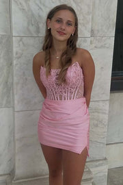 Fitted Boat Strapless Lace And Satin Lace-Up Homecoming Dress