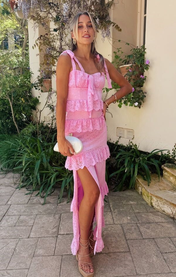 Fitted Bow Straps Tiered Lace Party Prom Dress With Slit
