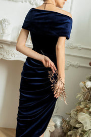 Fitted Empire Ruched Asymmetrical Off-Shoulder Velvet Dress