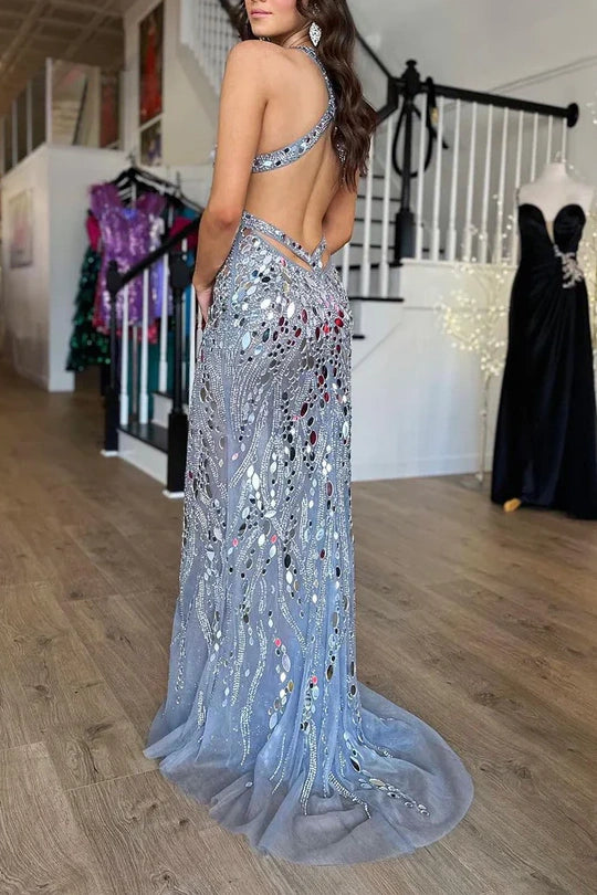 Fitted Low V-Neck Sleeveless Sequins With Side Slit Prom Dress