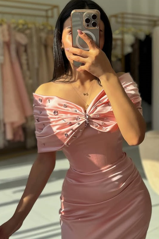 Fitted Off-Shoulder Beaded Empire Ruched Empire Party Prom Dress