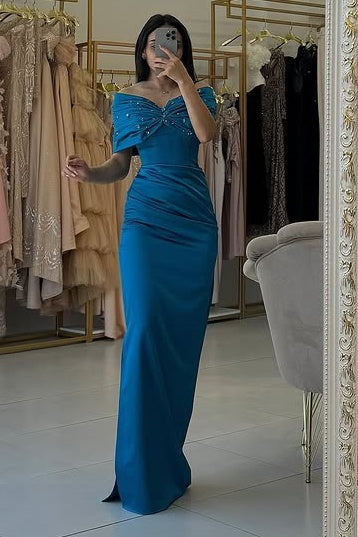 Fitted Off-Shoulder Beaded Empire Ruched Empire Party Prom Dress