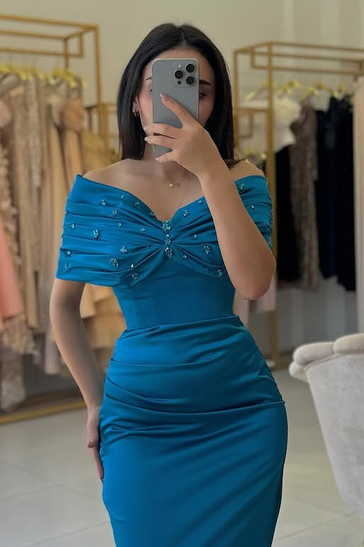 Fitted Off-Shoulder Beaded Empire Ruched Empire Party Prom Dress