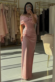 Fitted Off-Shoulder Beaded Empire Ruched Empire Party Prom Dress