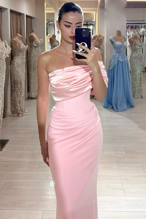 Fitted One Shoulder Ruched Empire Satin Party Prom Dress