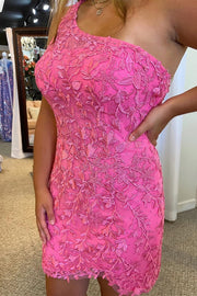 Fitted One Shoulder Sleeveless Lace Party Homecoming Party Dress