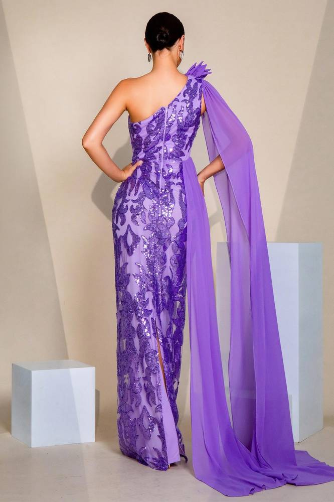 Fitted One Shoulder Sleeves Party Evening Dress With Train