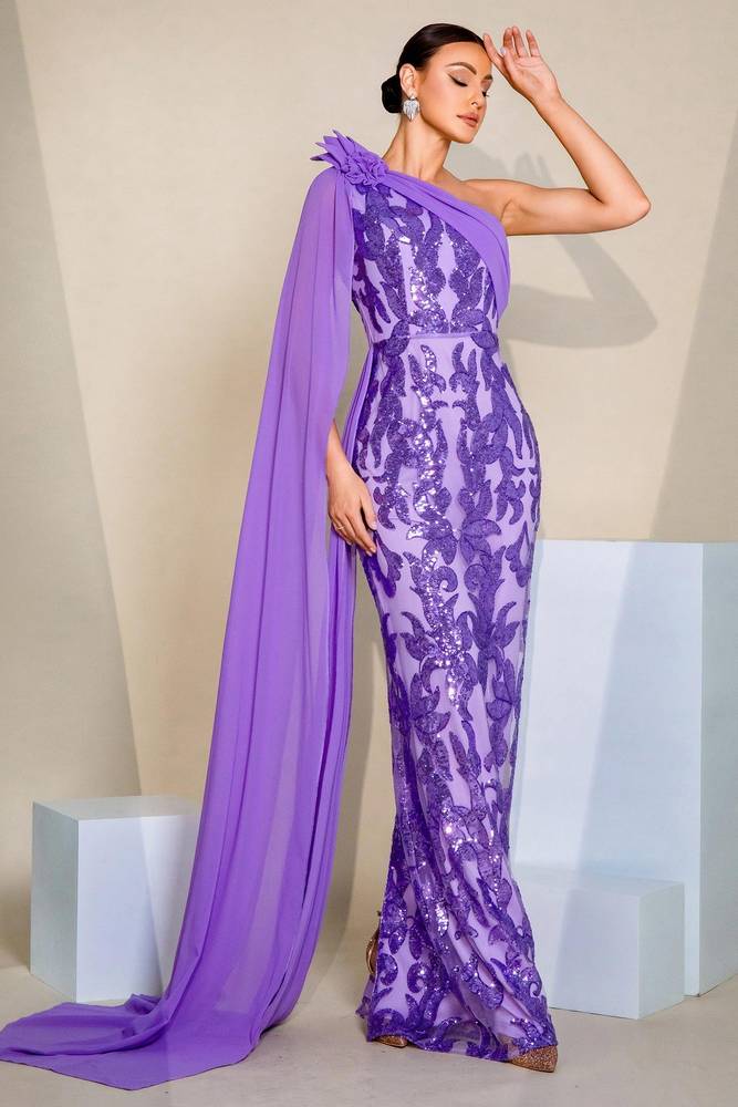 Fitted One Shoulder Sleeves Party Evening Dress With Train