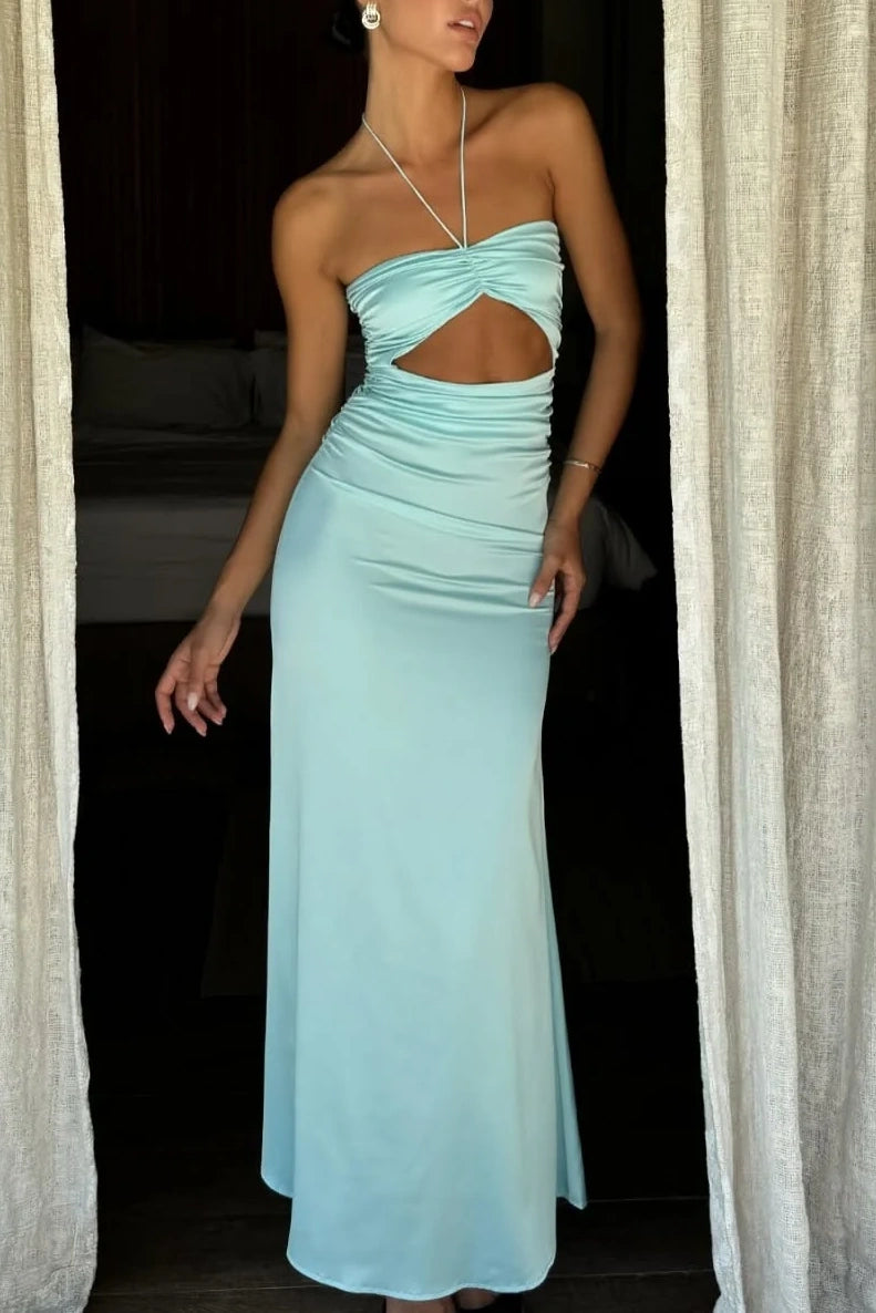 Fitted Satin High Neck Sleeveless Illusion Empire Party Prom Dress