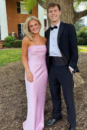 Fitted Satin Pleated Strapless Long Party Prom Dress