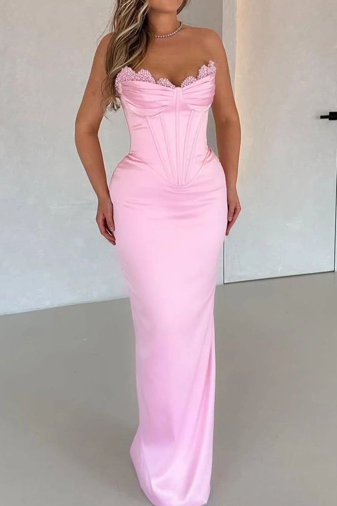 Fitted Satin Strapless Floor-Length Prom Party Dress
